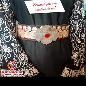 Vintage Handmade Turkmen Belly Belt With Motif and Glass Stone, Antique Kuchi